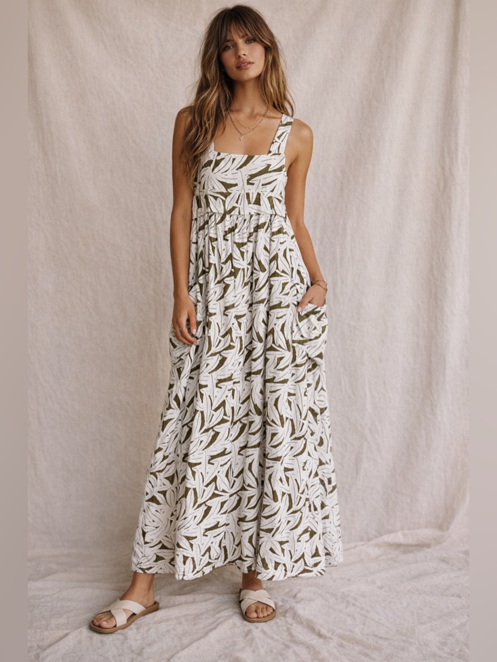 Anthropologie WHiT Linen Silk Maxi Dress Leaf Print Boho Sundress